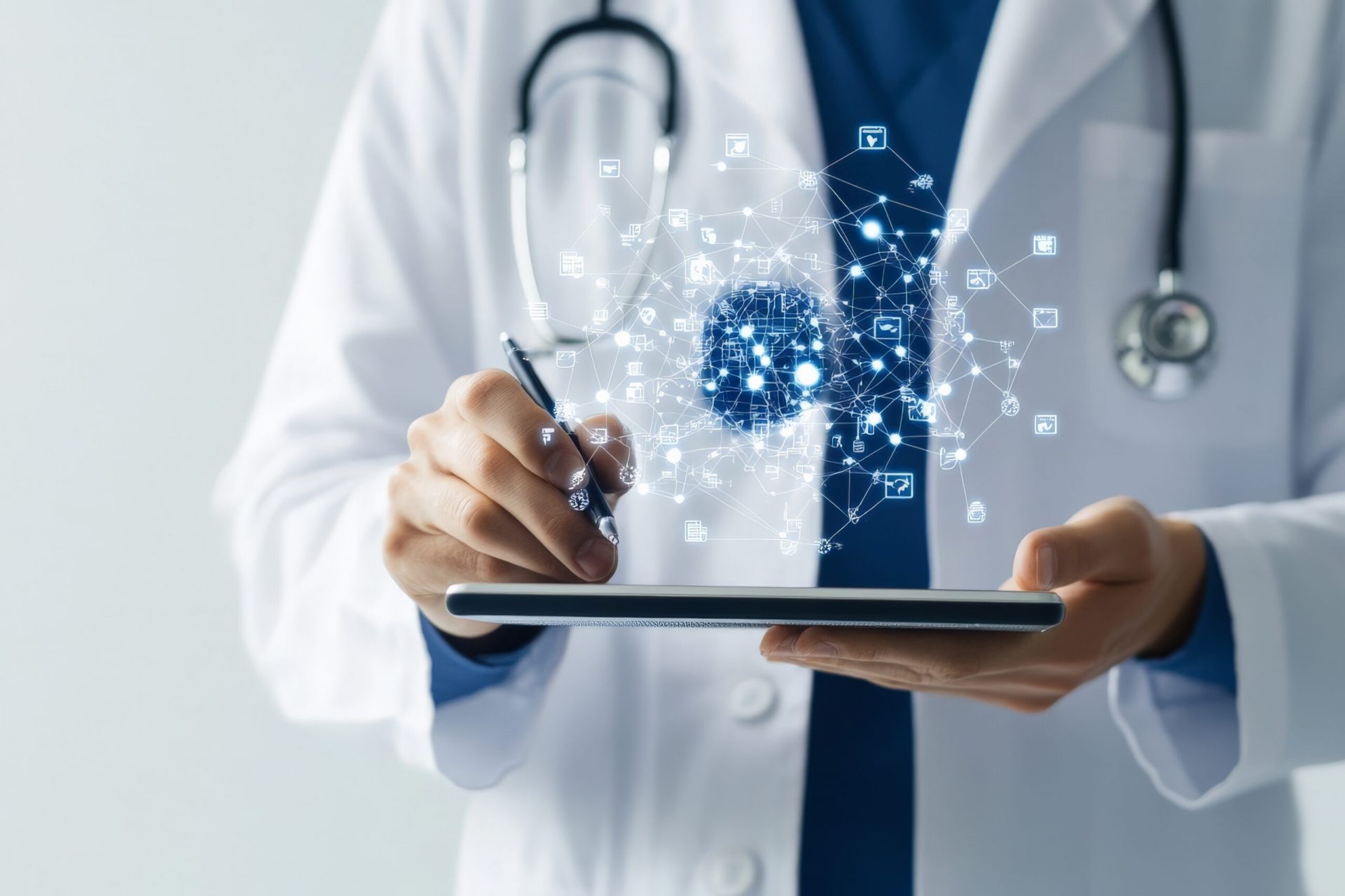 A medical professional in a white coat is examining a digital tablet displaying an AI-generated network representing advanced healthcare technology.