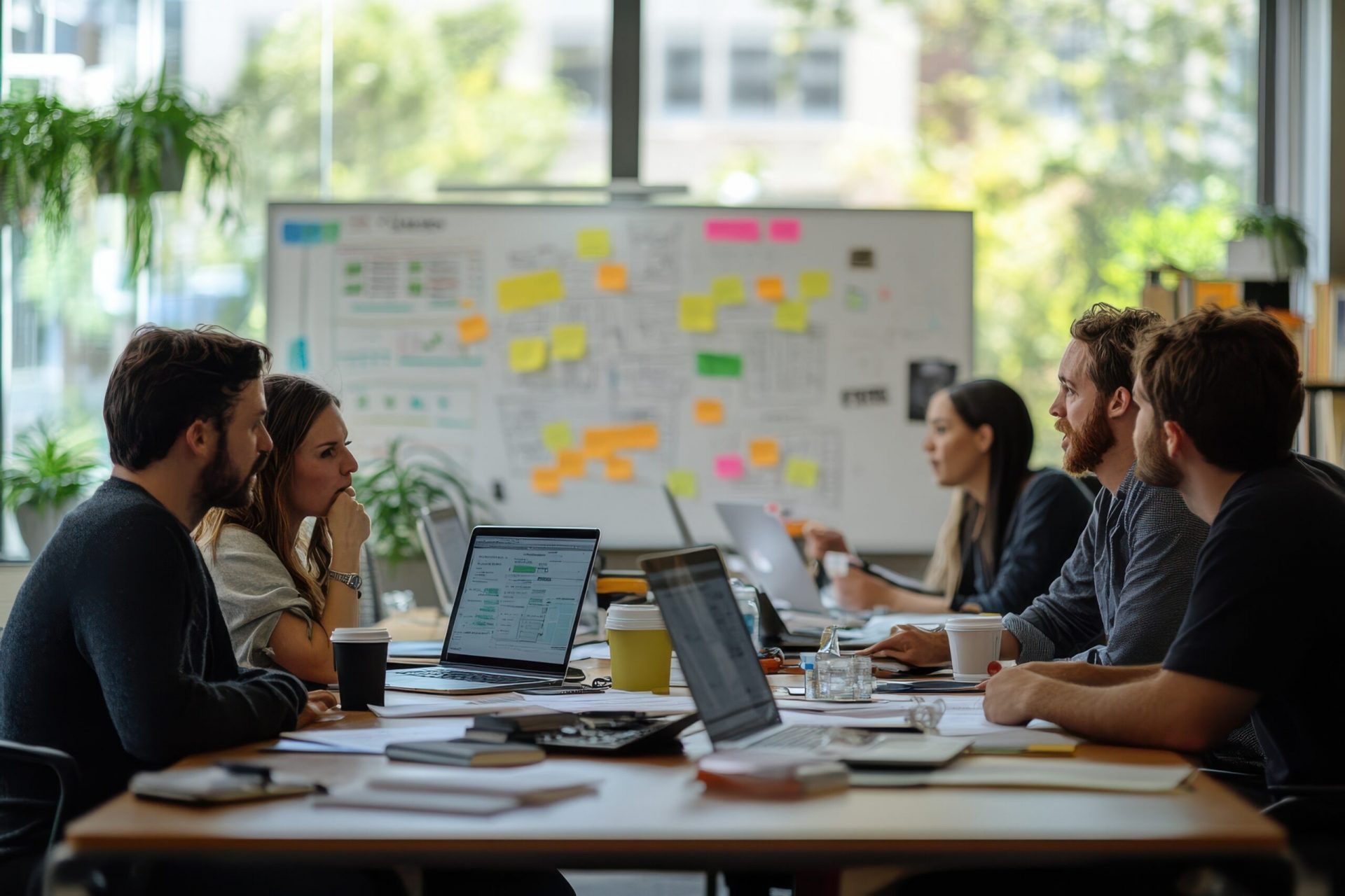 Collaborative team meeting at office brainstorming ideas modern workspace creative environment professional viewpoint A dynamic team brainstorms innovative solutions in a modern office setting fostering collaboration and creativity.