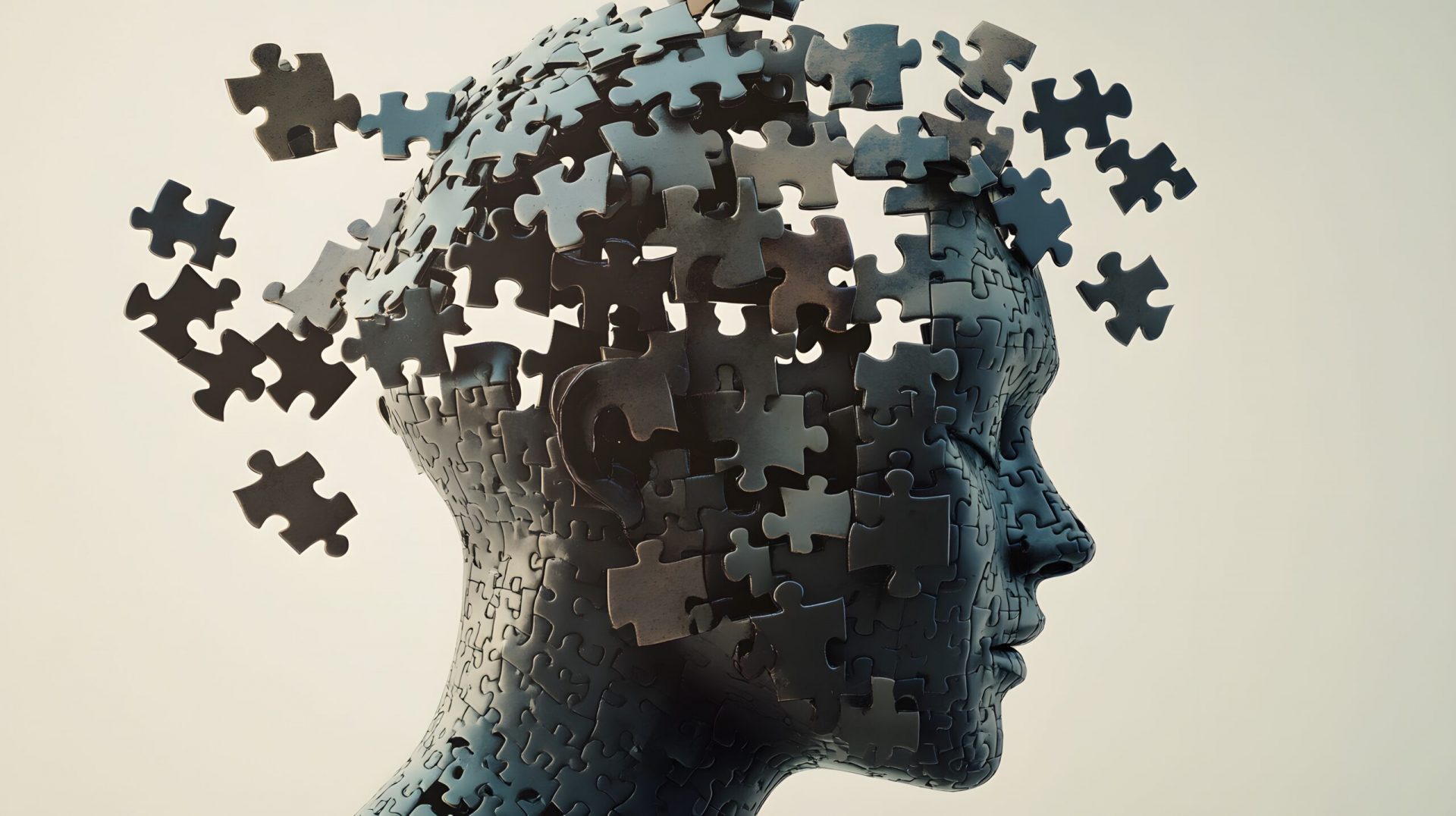 A figure with a head made of puzzle pieces, trying to complete too many puzzles at once, causing the pieces to fall apart.